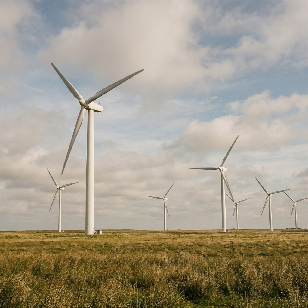 Several tall white wind turbines rotating above a grassy field on a breezy day with scattered clouds
