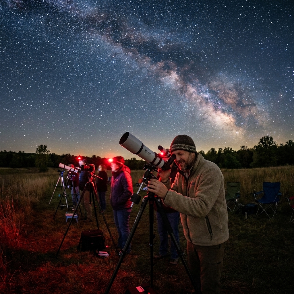 Stargazers gathered in an open field at Cherry Springs State Park with tripods and telescopes under a star-filled sky