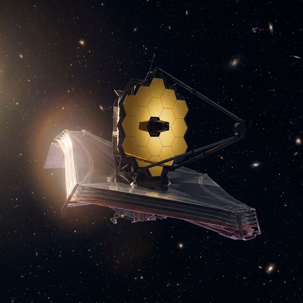 The James Webb Space Telescope with its gold hexagonal mirror and large sunshield deployed, floating in deep space with the Sunlit side of the sunshield faintly glowing