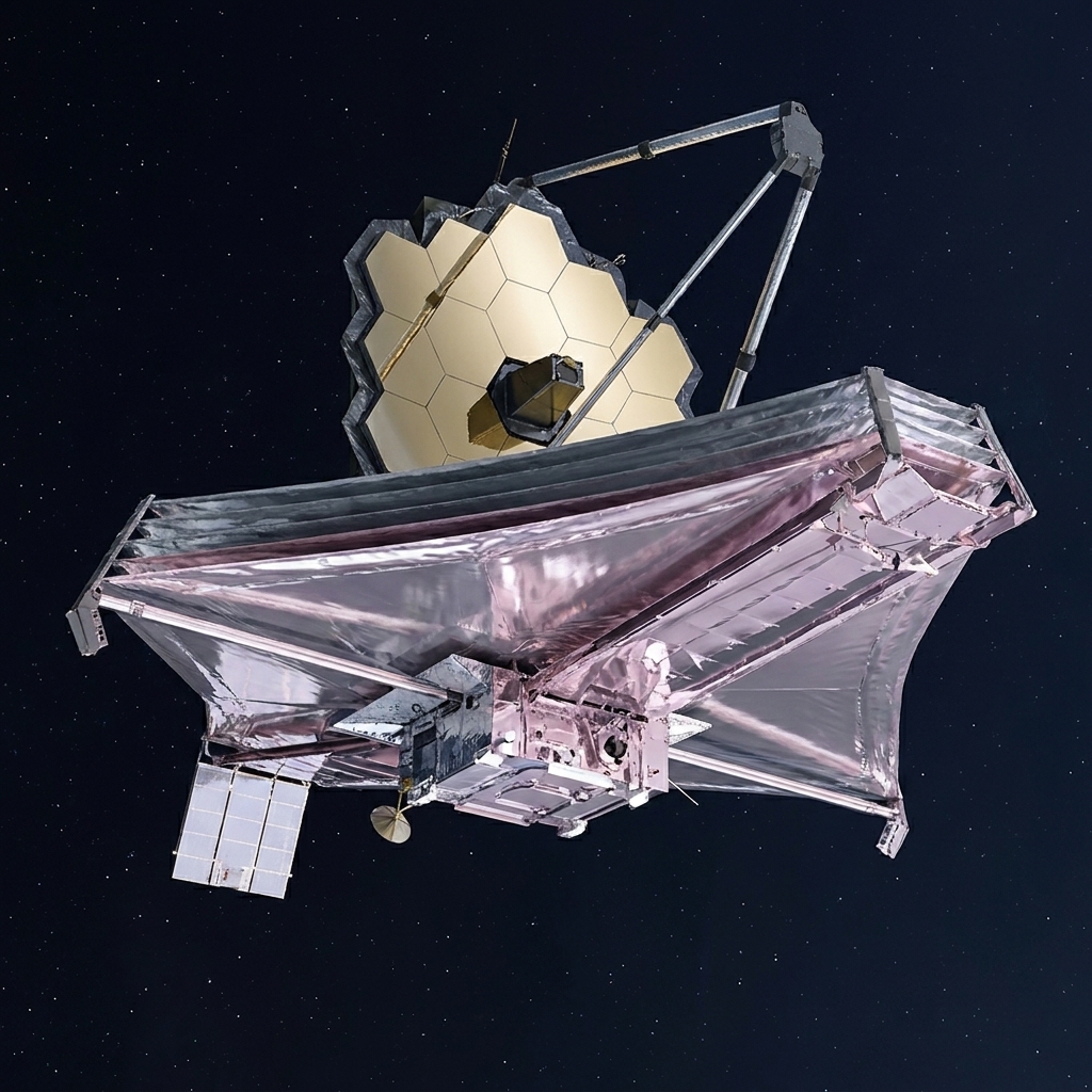 The James Webb Space Telescope with its large silver-toned multi-layer sunshield fully deployed, the spacecraft bus visible beneath the shield in deep space