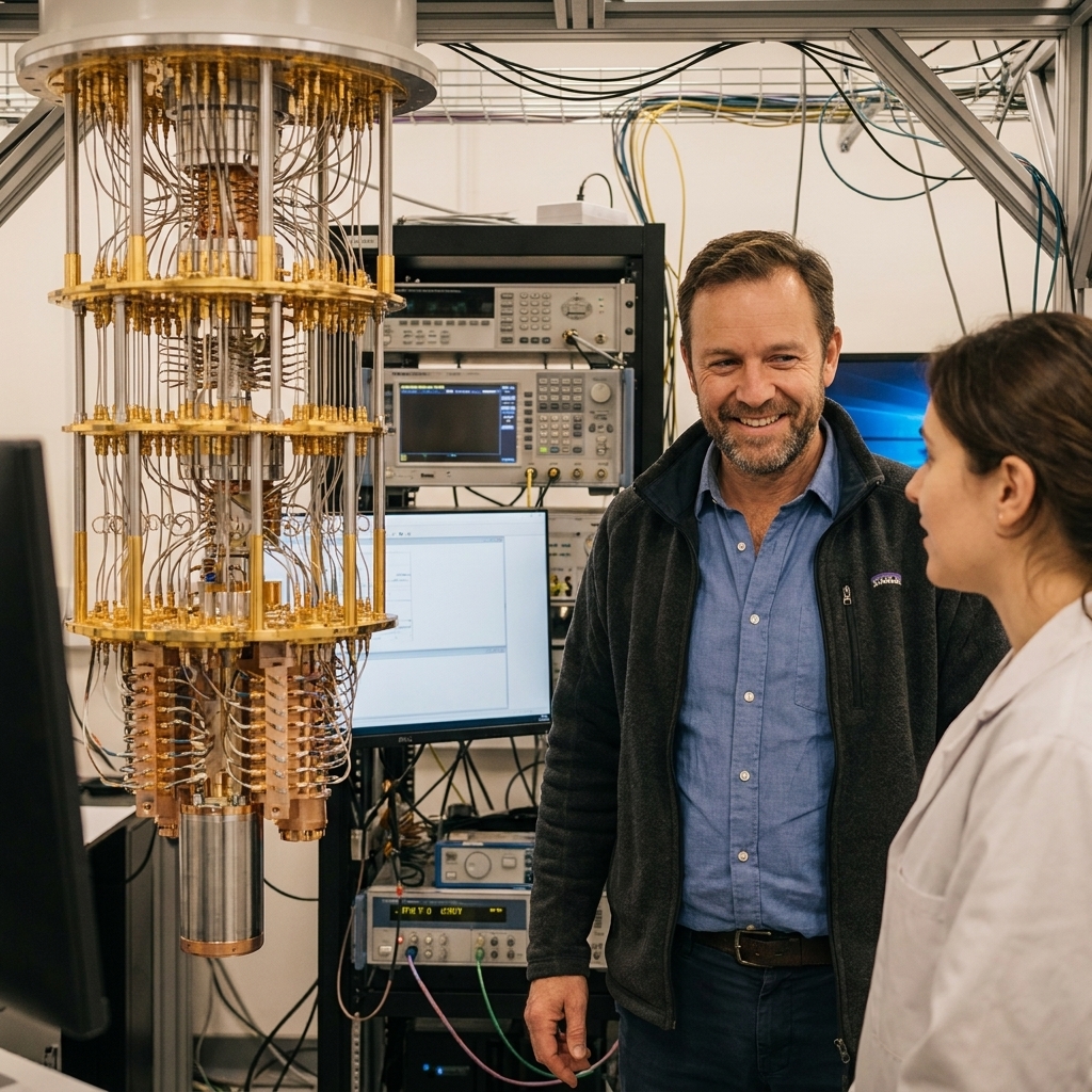 Two researchers in a quantum computing lab standing near a large cryogenic apparatus, with cables and instrumentation racks behind them