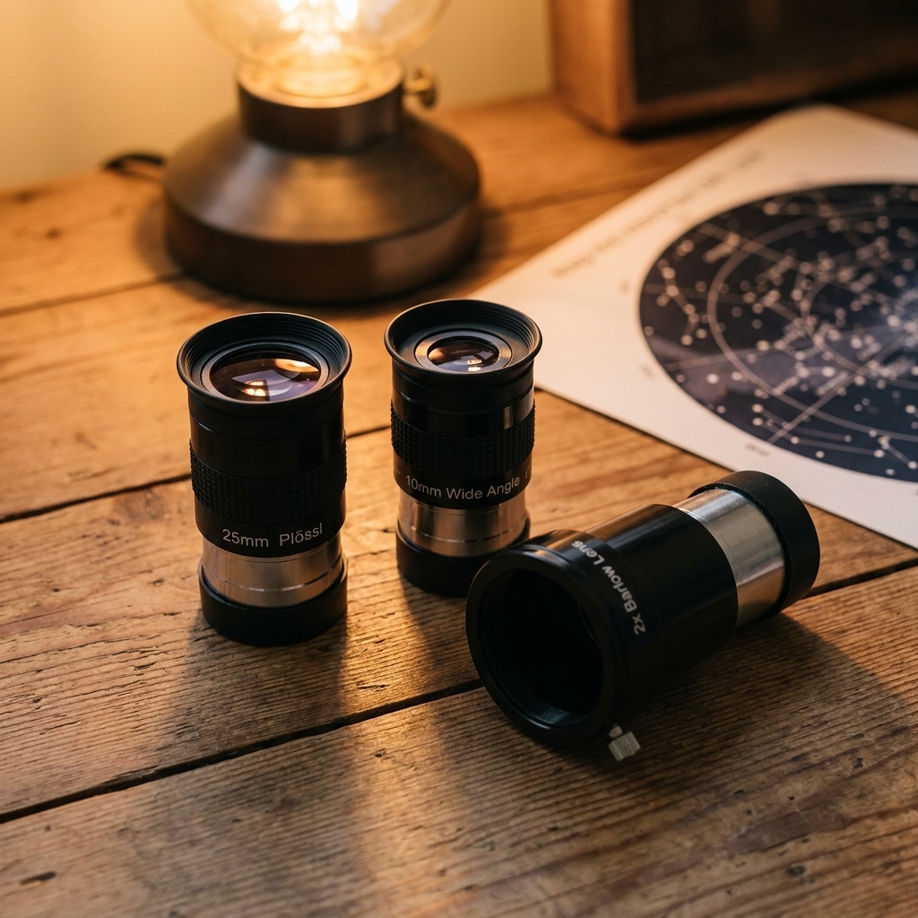 Two telescope eyepieces and a Barlow lens resting on a wooden table under warm indoor light, ready for a night of observing
