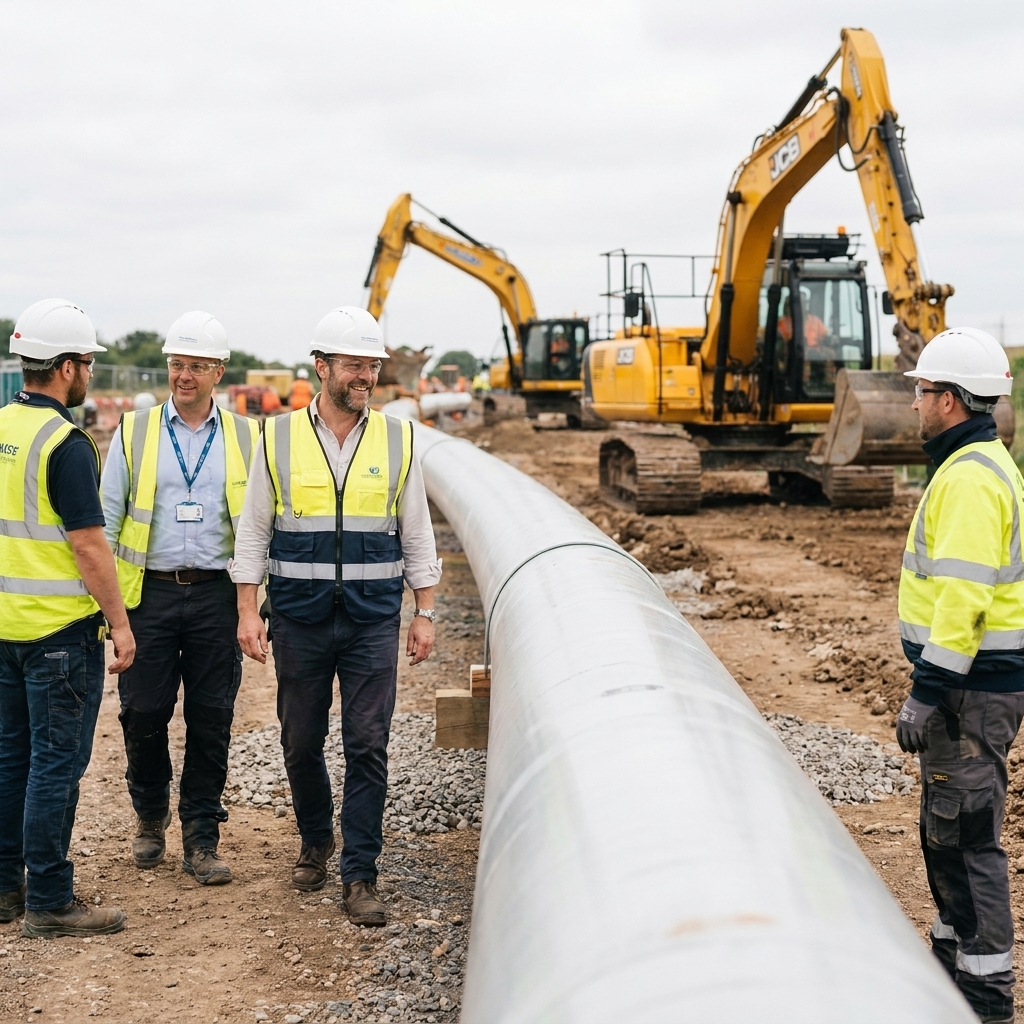 Workers in hard hats walking alongside a newly installed above-ground CO2 pipeline segment at an industrial construction corridor with excavators in the background